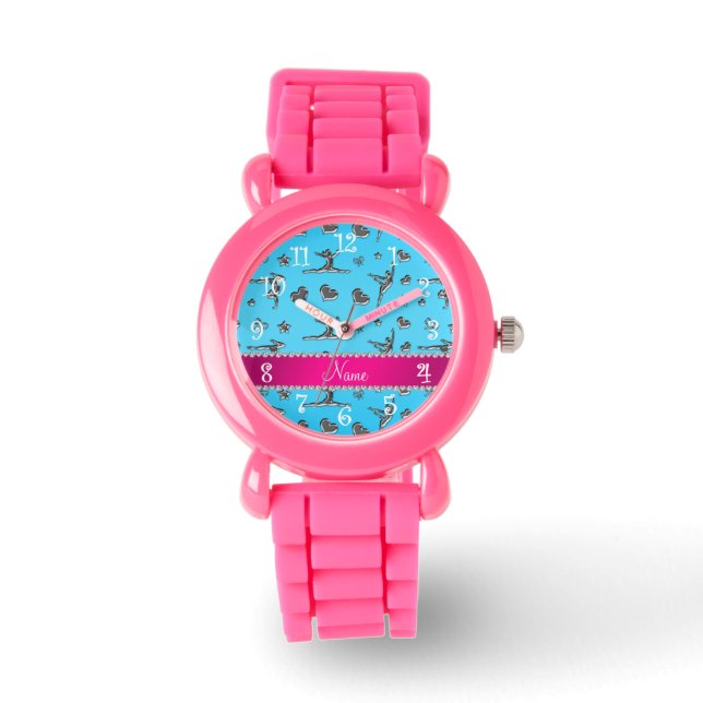 Reloj De Pulsera Nombre personalizado gimnasia azul cielo plateado (Anverso)