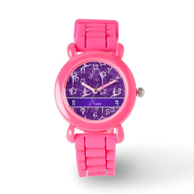 Reloj De Pulsera Nombre personalizado gimnasia de damasco morado (Anverso)