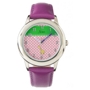 Reloj De Pulsera Nombre personalizado: girafa amarilla, puntos rosa