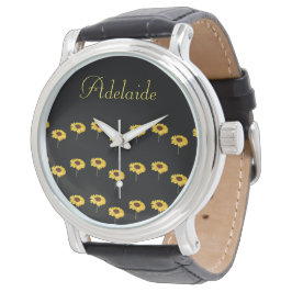 Reloj De Pulsera Nombre personalizado girasoles amarillos en negro
