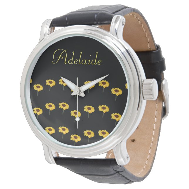 Reloj De Pulsera Nombre personalizado girasoles amarillos en negro (Angular)