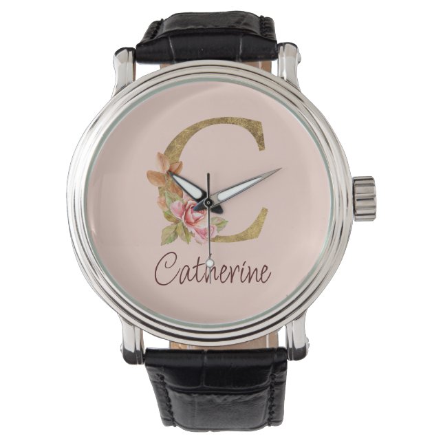 Reloj De Pulsera Nombre personalizado Gold Foil Blush Rosas Rosadas (Anverso)