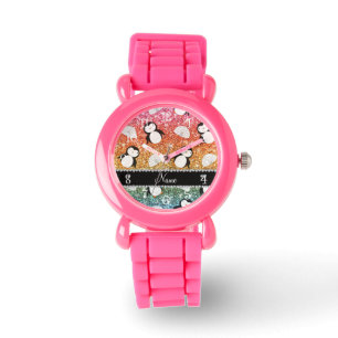 Reloj De Pulsera Nombre personalizado iglús purpurina de pingüinos 
