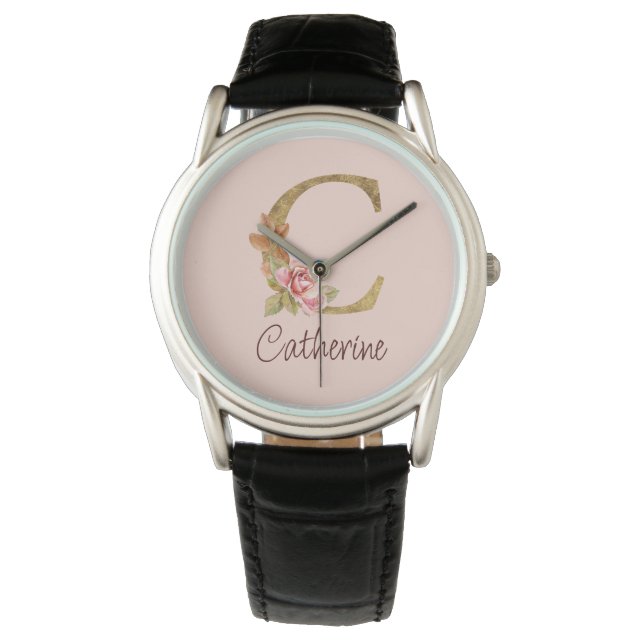 Reloj De Pulsera Nombre personalizado lámina dorada rosas rosadas C (Anverso)