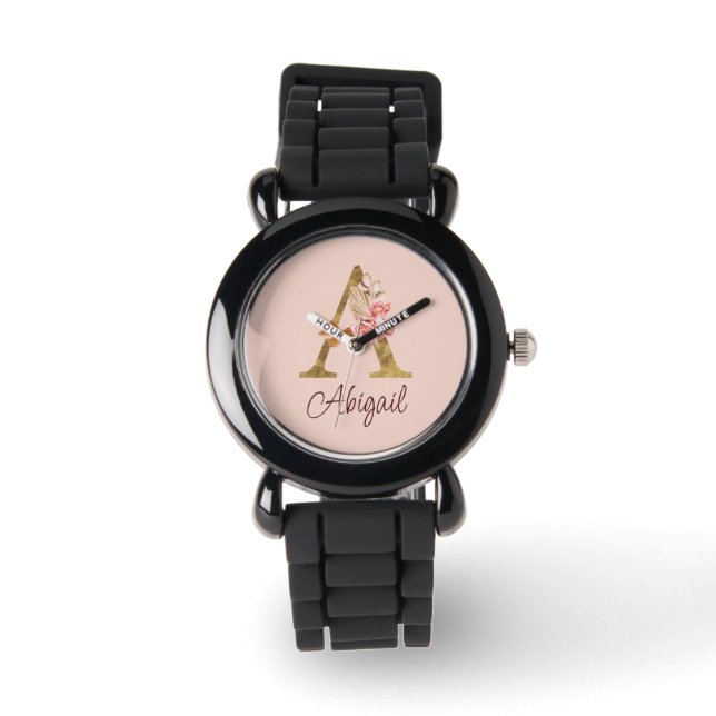 Reloj De Pulsera Nombre personalizado lámina dorada rosas rosadas l (Anverso)