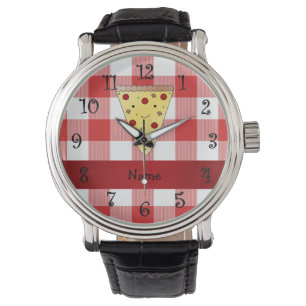 Reloj De Pulsera Nombre personalizado linda pizza roja a cuadros