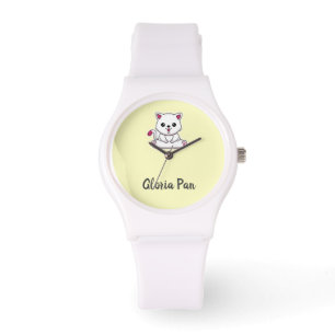 Reloj De Pulsera Nombre personalizado lindo gato blanco en amarillo