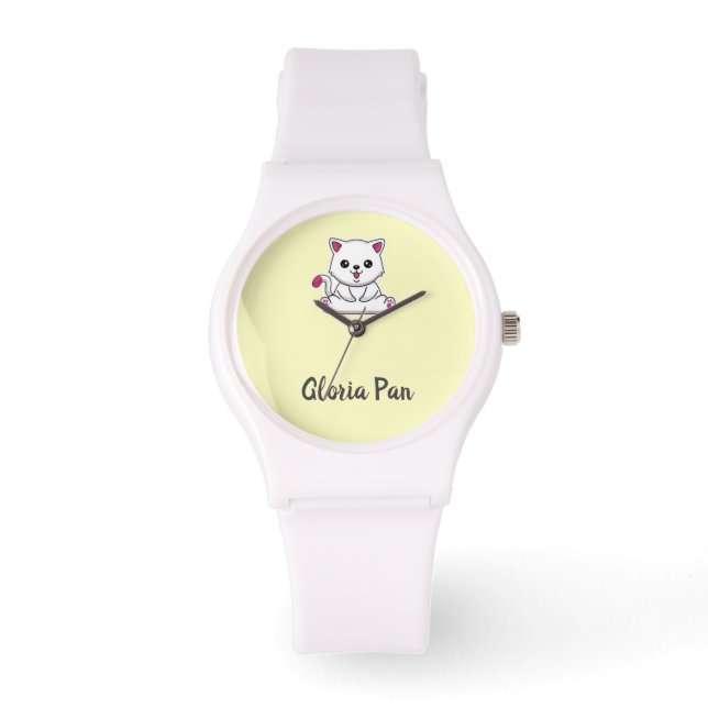 Reloj De Pulsera Nombre personalizado lindo gato blanco en amarillo (Anverso)