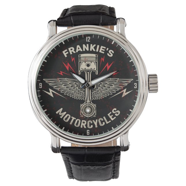 Reloj De Pulsera NOMBRE Personalizado Motocicleta Piston Wings Bike (Anverso)