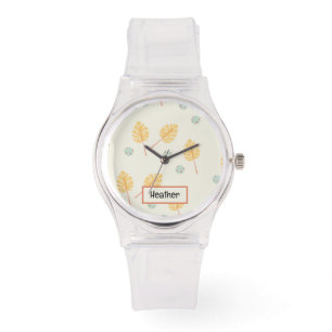 Reloj De Pulsera Nombre personalizado naranja hojas tropicales crem