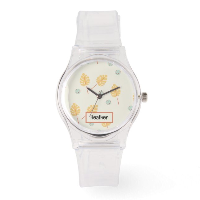 Reloj De Pulsera Nombre personalizado naranja hojas tropicales crem (Anverso)