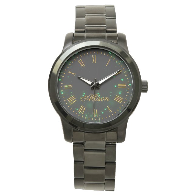 Reloj De Pulsera Nombre personalizado Negro Luces de Bokeh Verde El (Anverso)