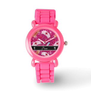 Reloj De Pulsera Nombre personalizado neón purpurina rosado calient