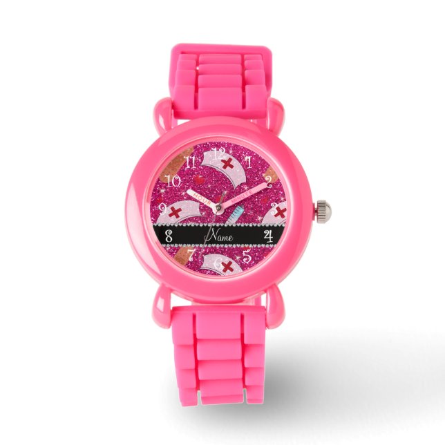 Reloj De Pulsera Nombre personalizado neón purpurina rosado calient (Anverso)