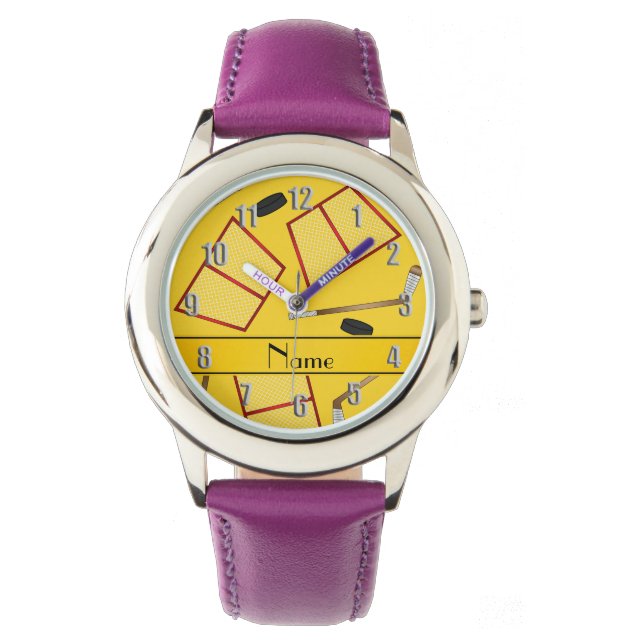 Reloj De Pulsera Nombre personalizado Palos de hockey amarillo para (Anverso)