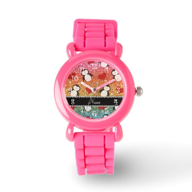 Reloj De Pulsera Nombre personalizado purpurina arcoiris pingüinos  (Anverso)