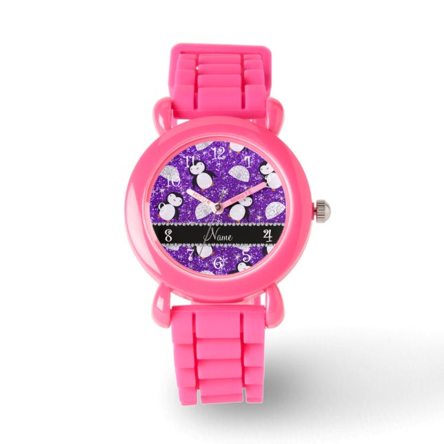 Reloj De Pulsera Nombre personalizado purpurina púrpura pingüinos i (Anverso)