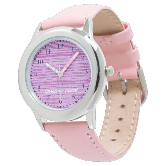 Reloj De Pulsera Nombre personalizado rayas rosas textiladas (Angular)