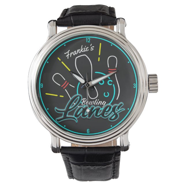 Reloj De Pulsera NOMBRE personalizado Retro Faux Neon Bowler Lanes (Anverso)