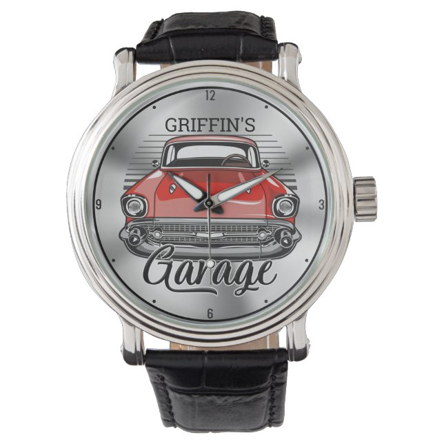 Reloj De Pulsera NOMBRE personalizado Retro Red Classic Car Garage (Anverso)