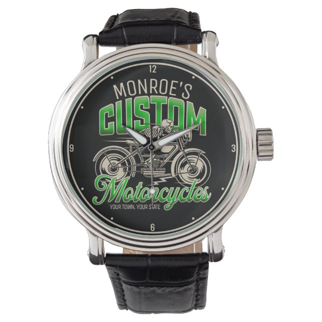 Reloj De Pulsera NOMBRE personalizado Skeleton Motorcycle Shop (Anverso)