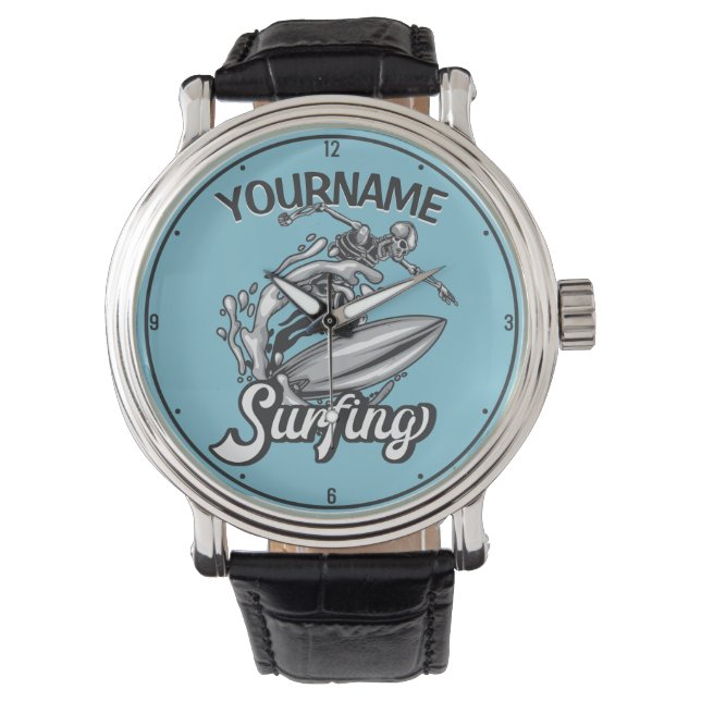 Reloj De Pulsera NOMBRE Personalizado Surfista Big Wave Skeleton Su (Anverso)