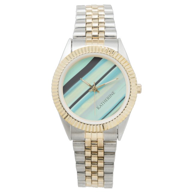 Reloj De Pulsera Nombre Personalizado Tranquilo Rayas Turquesa  (Anverso)