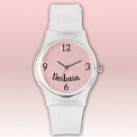 Reloj De Pulsera Nombre, Purpurina Rosa Girly Correa de la hebilla<br><div class="desc">Un reloj deportivo con correa de silicona transparente y duradera y cara purpurina de imitación rosa pálido. El nombre es un tipo de letra negrita de guión negro. Cambie fácilmente el nombre, reemplace con iniciales en monograma o quite para que sea suyo utilizando la plantilla proporcionada. Elija entre otros estilos...</div>
