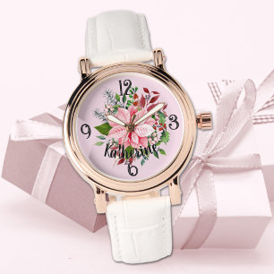 Reloj De Pulsera Nombre, ramo de poinsettia rosa cuero blanco para
