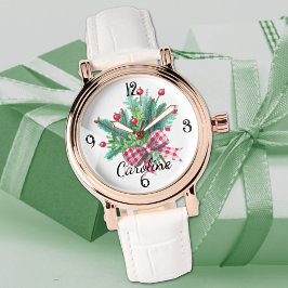 Reloj De Pulsera Nombre, Ramo Rojo y Verde Cuero Blanco Mujer