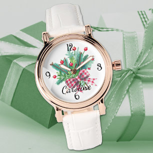 Reloj De Pulsera Nombre, Ramo Rojo y Verde Cuero Blanco Mujer