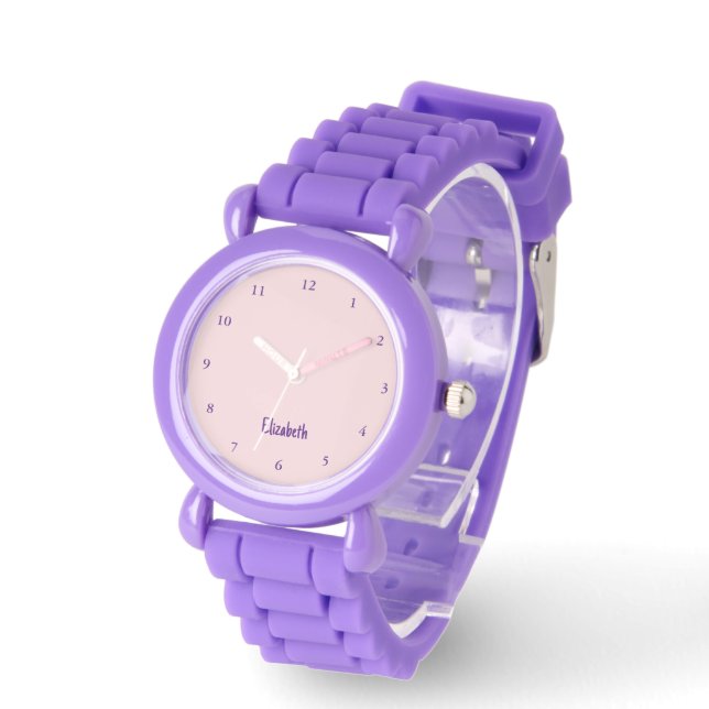 Reloj De Pulsera Nombre rosa pálido pastel y púrpura real (Ángulo)