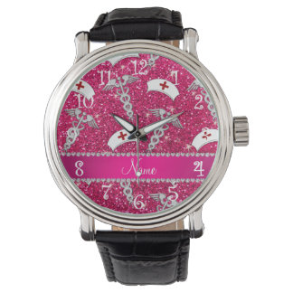 Reloj De Pulsera Nombre rosa purpurina rosa enfermero gorras de med