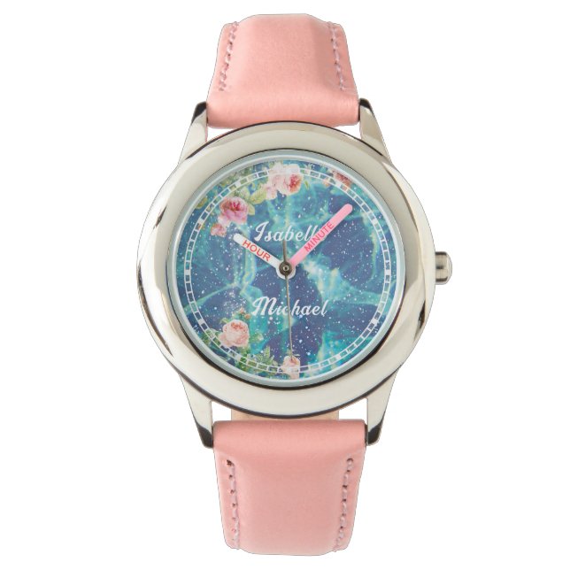 Reloj De Pulsera Nombres románticos de pareja personalizados azules (Anverso)