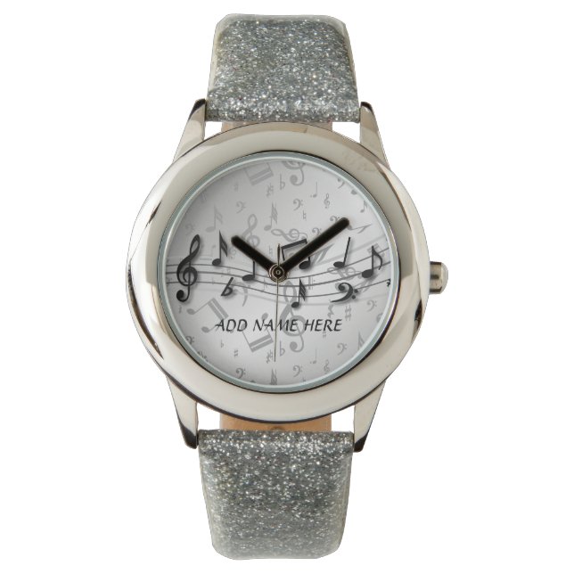 Reloj De Pulsera Notas musicales en negro y gris personalizadas (Anverso)