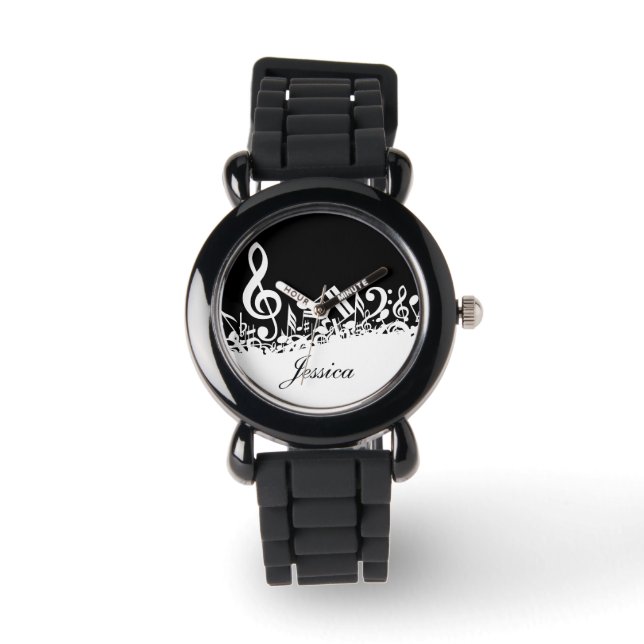 Reloj De Pulsera Notas musicales jumbleadas de blanco personalizada (Anverso)