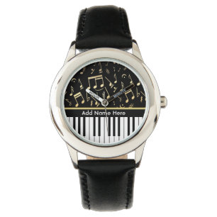 Reloj De Pulsera Notas musicales y claves de piano negro y oro