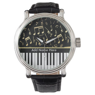 Reloj De Pulsera Notas musicales y claves de piano negro y oro