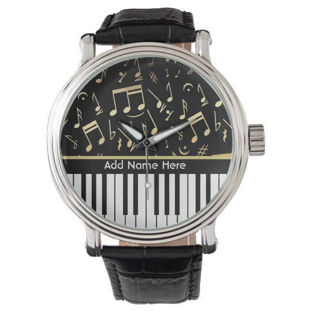 Reloj De Pulsera Notas musicales y claves de piano negro y oro (Anverso)
