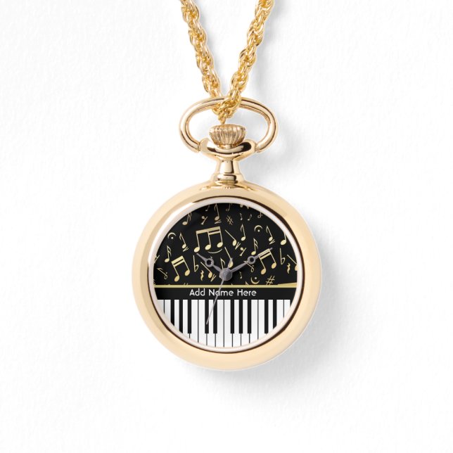 Reloj De Pulsera Notas musicales y claves de piano negro y oro (Anverso)