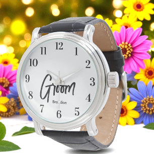 Reloj De Pulsera Novio Negro Blanco Script Boda 