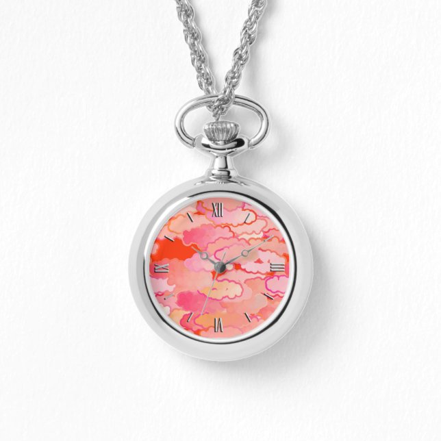 Reloj De Pulsera Nubes japonesas, puesta de sol, coral, fucsia, ros (Anverso)