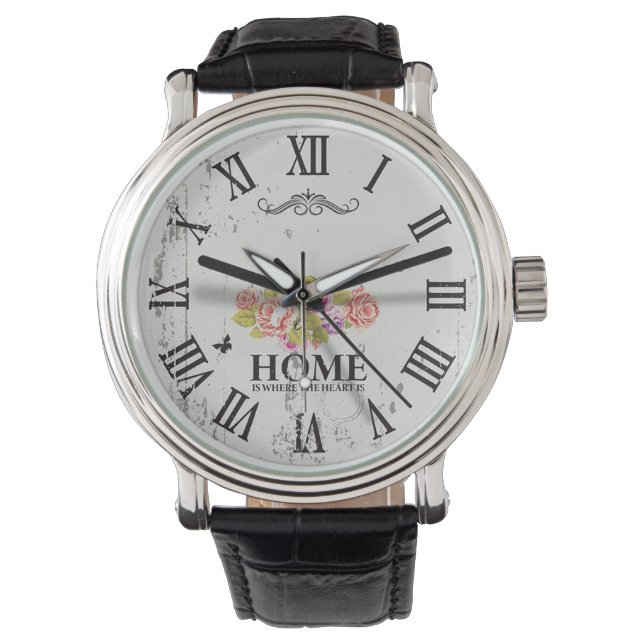 Reloj De Pulsera Numerales romanos florales | El hogar es donde est (Anverso)