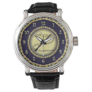 Reloj De Pulsera Oboe ~ Musical Scroll ~ Oro/Azul marino ~