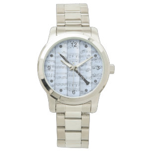 Reloj De Pulsera Oboe ~ Partitura enrollada ~ Fondo con tinte azul 
