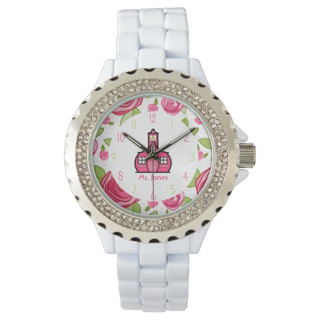 Reloj De Pulsera Observador escolar floral y rosa (Anverso)