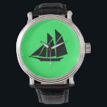 Reloj De Pulsera Ocean Glow_Black-on-Green Clipper Ship<br><div class="desc">Muéstrales quién es el gran capitán con nuestro Ocean Glow, íconos marítimos, reloj de pulsera de barco alpino negro-sobre-verde. Si se siente creativo, puede cambiar el tamaño, posición, color e incluso el número de barcos Clipper, junto con el color de fondo. Sólo tienes que hacer clic en "Personalizar" y ¡ya...</div>