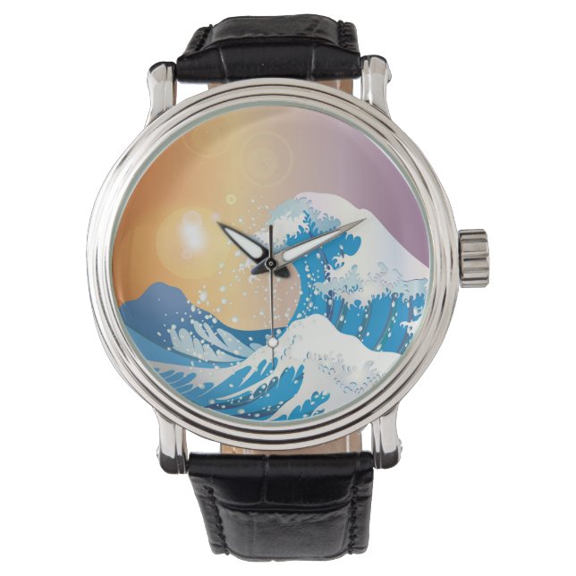 Reloj De Pulsera Océano atardecer de arte ondulado japonés (Anverso)