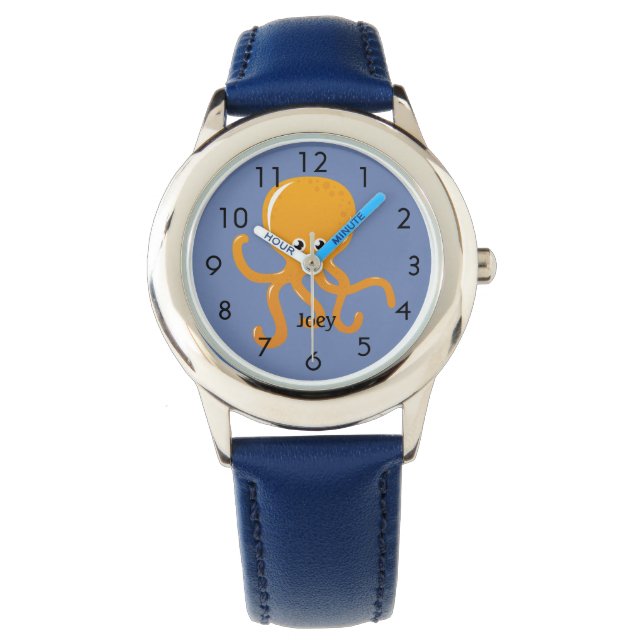 Reloj De Pulsera Octopus naranja sobre el niño azul personalizado (Anverso)