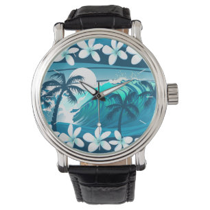 Reloj De Pulsera Ola de surf tropical con palma